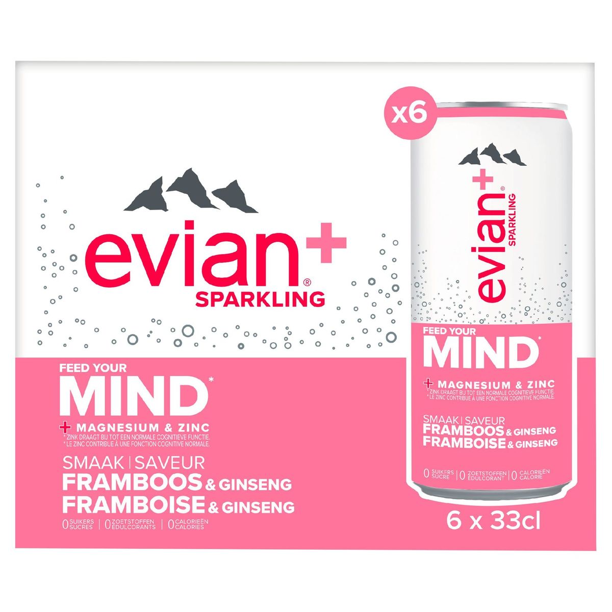 EVIAN+ Eau Minérale Pétillante Framboise Ginseng 6x33cl