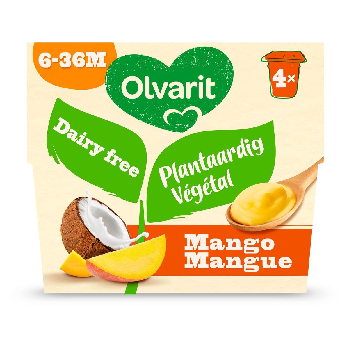 Olvarit Plantaardig Dessert Baby 6+ Maanden Kokosmelk Mango 4x95g