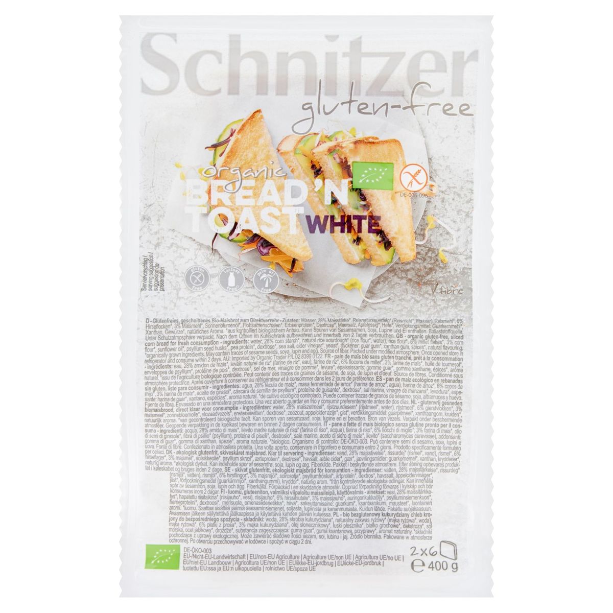 Schnitzer Gluten-Free Organic Bread'n Toast White 2 x 6 Pièces 400 g