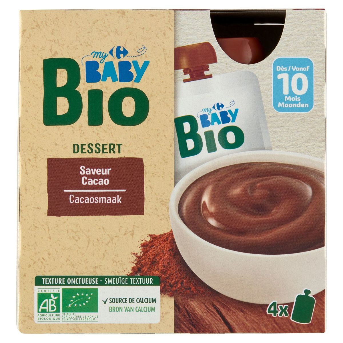 Carrefour Baby Bio Dessert Saveur Cacao dès 10 Mois 4 x 85 g