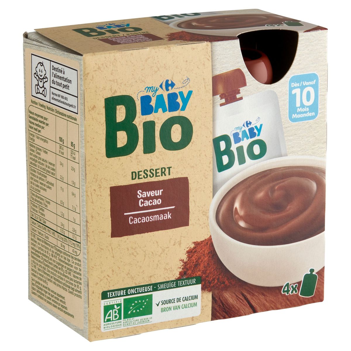 Carrefour Baby Bio Dessert Saveur Cacao dès 10 Mois 4 x 85 g