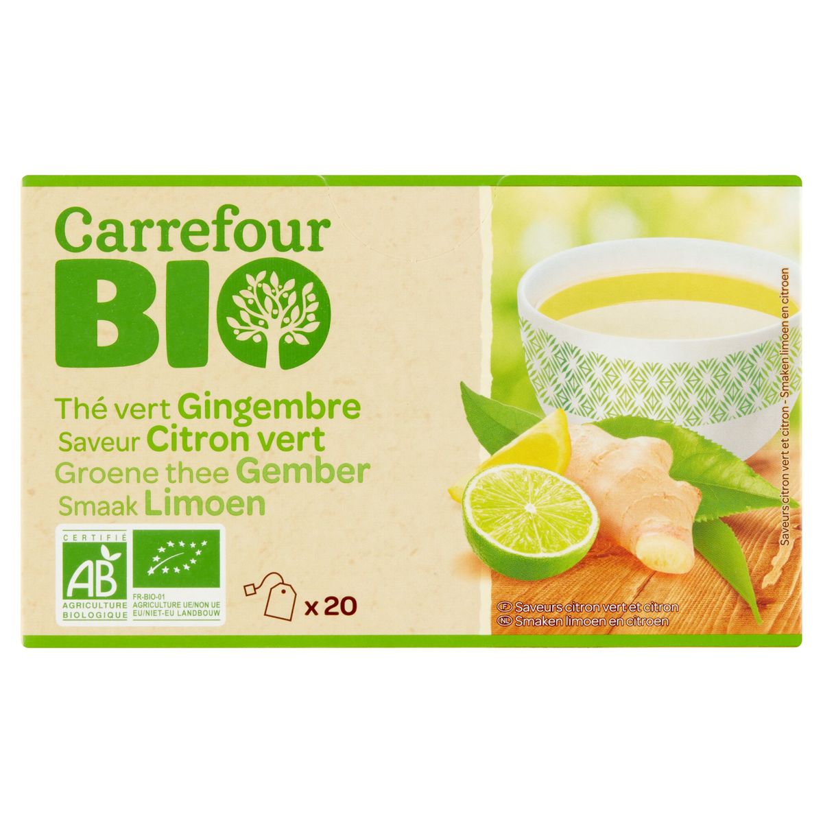 Carrefour Bio Groene Thee Gember Smaak Limoen 20 Zakjes 1.6 g