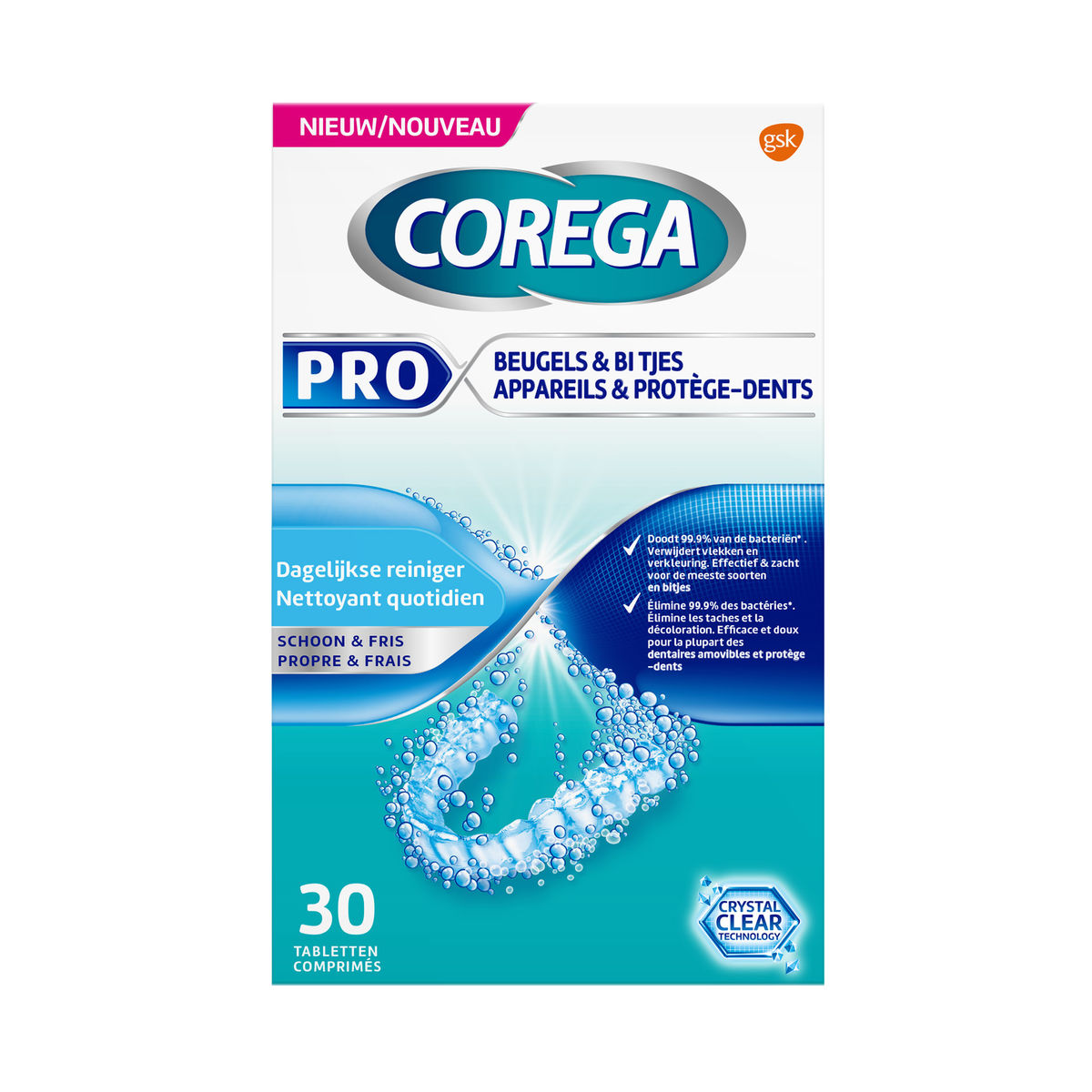 Corega Pro Appareils & Protège-dents nettoyant quotidien 30 comprimés