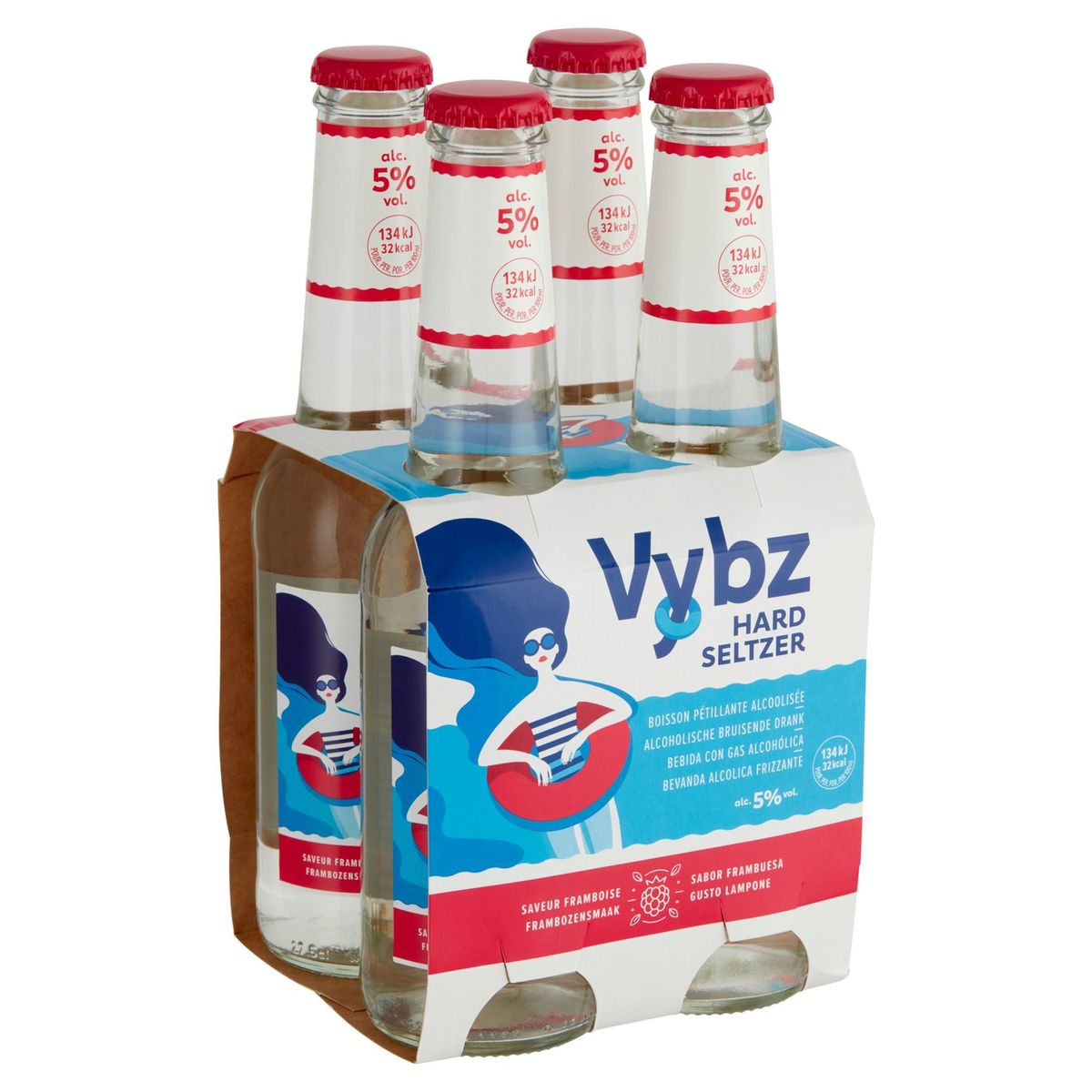 Vybz Hard Seltzer Pétillant Alcoolosée Saveur Framboise 4 x 27.5 cl
