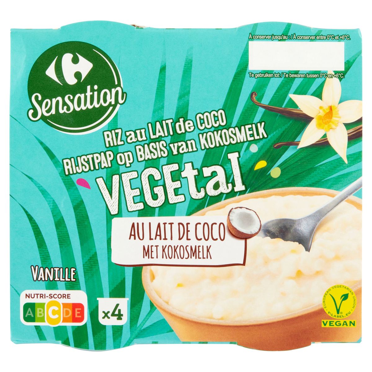 Carrefour Sensation Rijstpap op Basis van Kokosmelk Vegetal Vanille 4 x 100 g