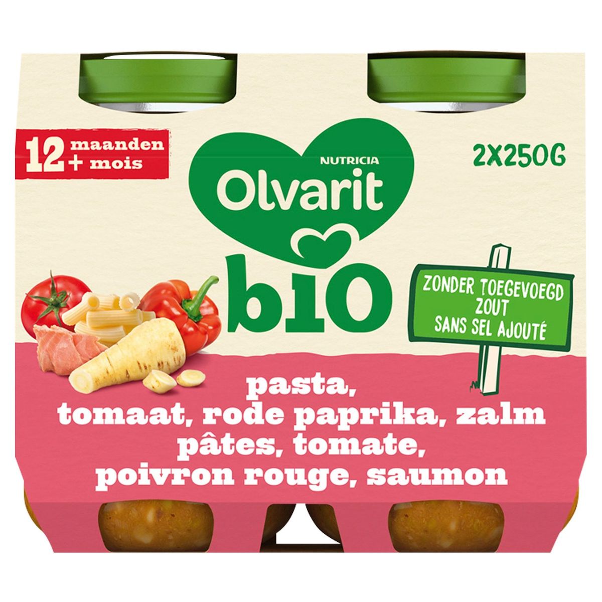 Olvarit Bio Pasta, Tomaat, Rode Paprika, Zalm 12+ Maanden 2 x 250 g