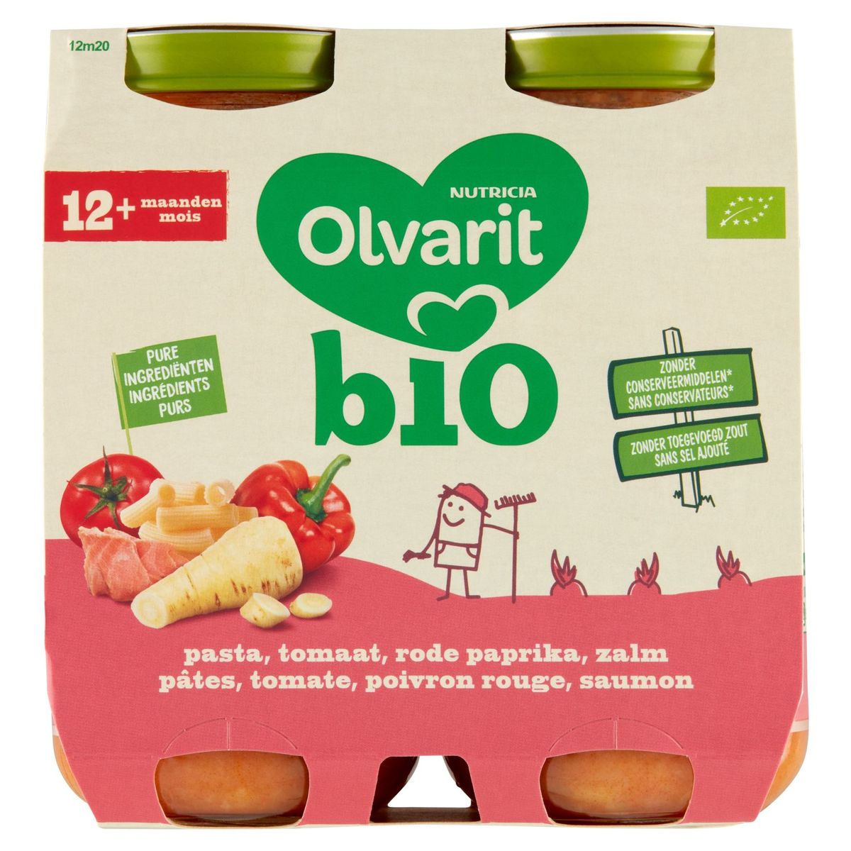 Olvarit Bio Pâtes, Tomate, Poivron Rouge, Saumon 12+ Mois 2 x 250 g