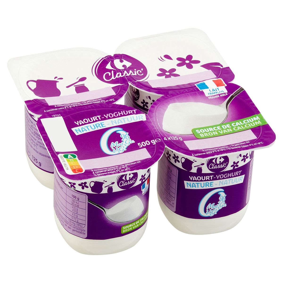 Carrefour Classic' Yoghurt Natuur 0% V.G. 4 x 125 g