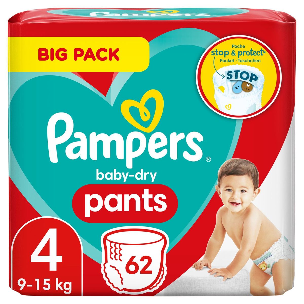 Pampers Baby-Dry Pants Couches-Culottes Taille 4, 62 Langes, 9kg-15kg