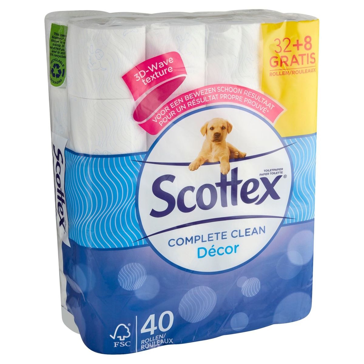 Scottex Papier Toilette Complete Clean Décor 32+8 Gratis Rouleux
