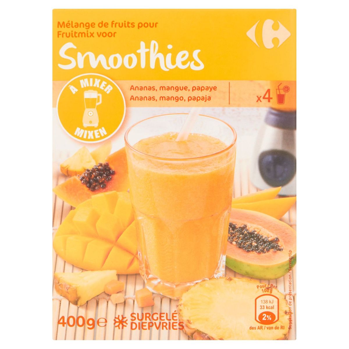 Carrefour Mélange de Fruits pour Smoothies Ananas, Mangue, Papaye 400g
