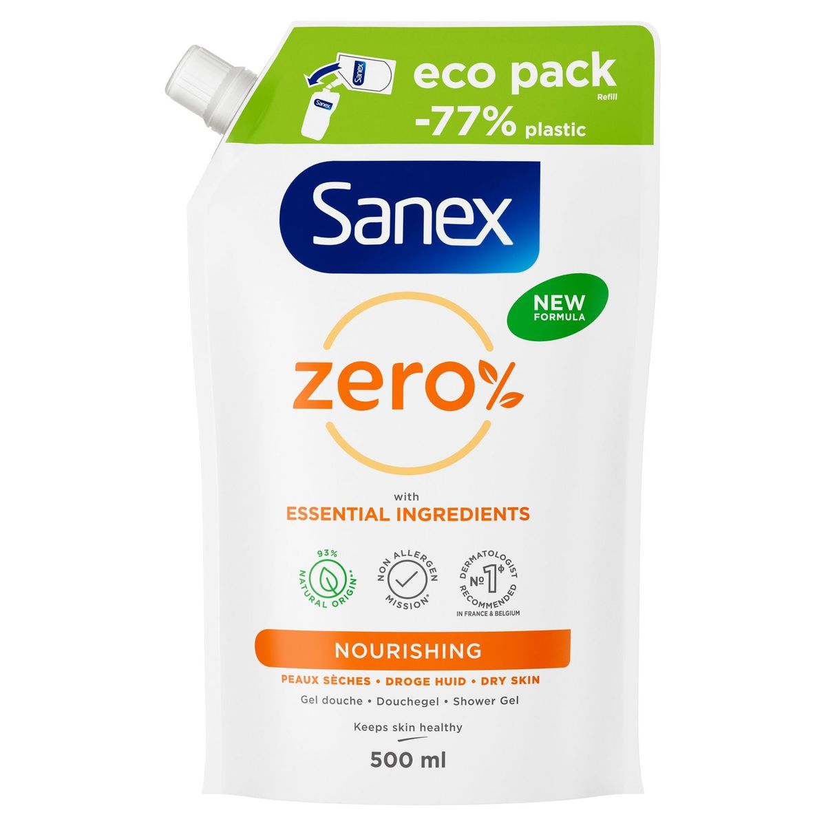 Navulling voedende douchegel Sanex Zero% voor droge huid {500ml}