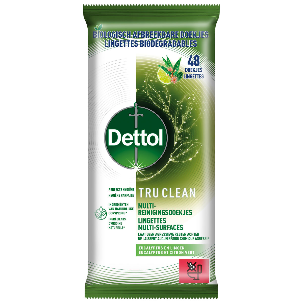 Dettol Tru Clean Lingettes Eucalyptus et Citron Vert 48 Pièces