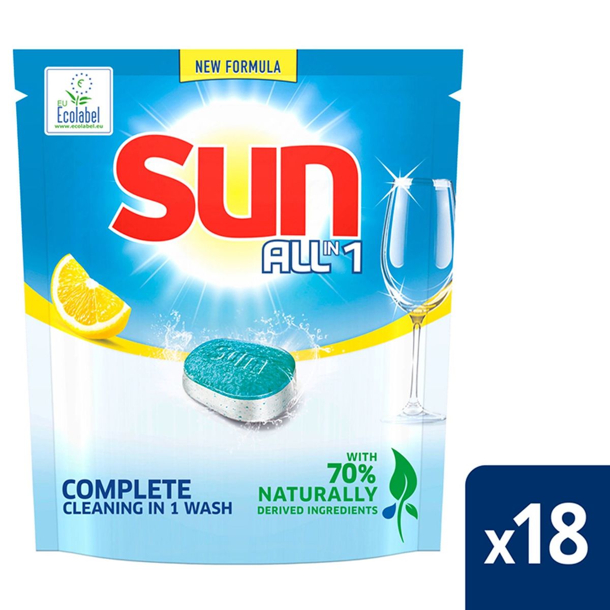 Sun Tout en 1 Ecolabel Tablettes lave-vaisselle Lemon 18 tabs