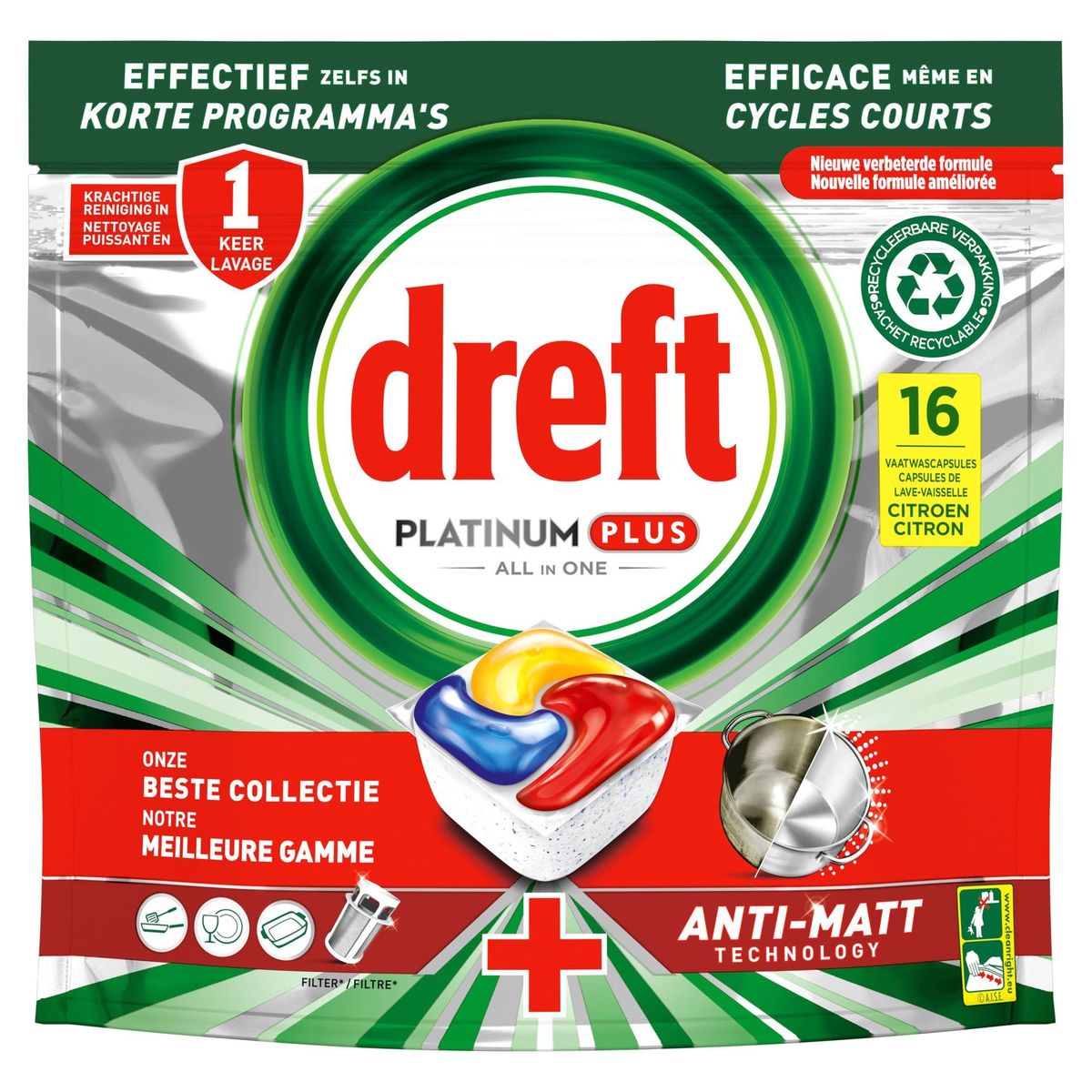 Dreft Platinum Plus Tablettes Lave-vaisselle Technologie Anti-Terne 16 X