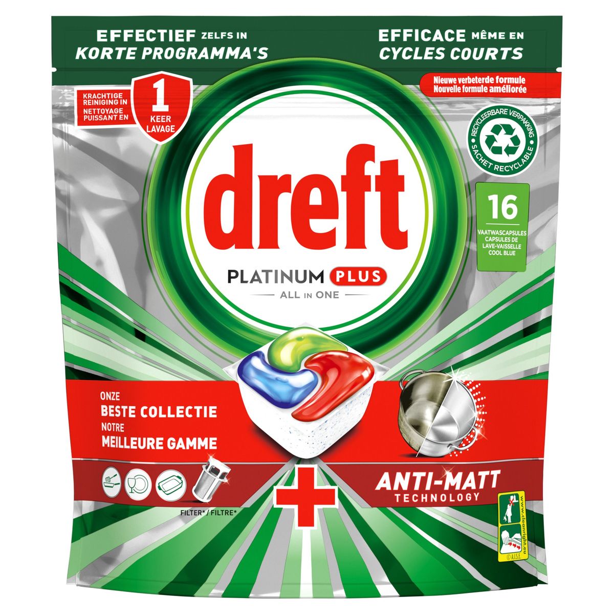 Dreft Platinum Plus Tablettes Lave-vaisselle Anti-Terne 16 X