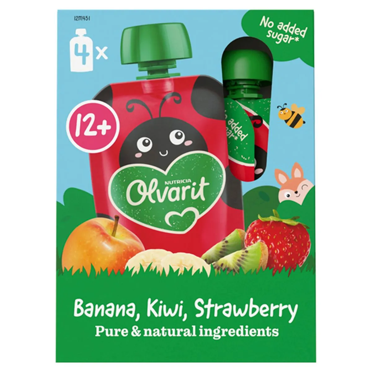 Knijpzakjes 12m+ banaan apple kiwi aardbei 4 x 100 g | Carrefour België