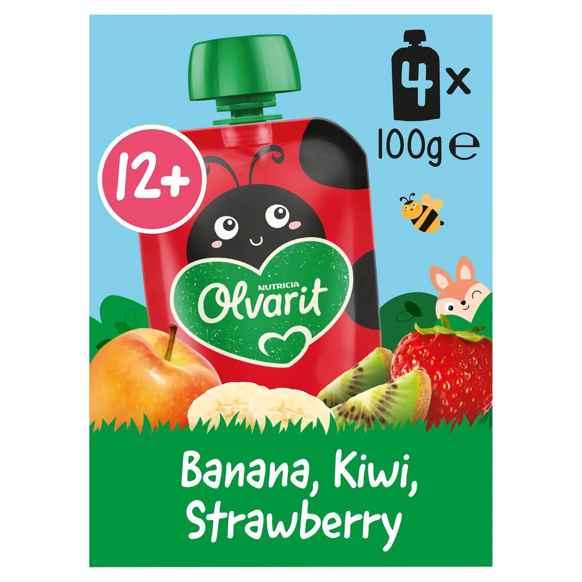 Knijpzakjes 12m+ banaan apple kiwi aardbei 4 x 100 g | Carrefour België