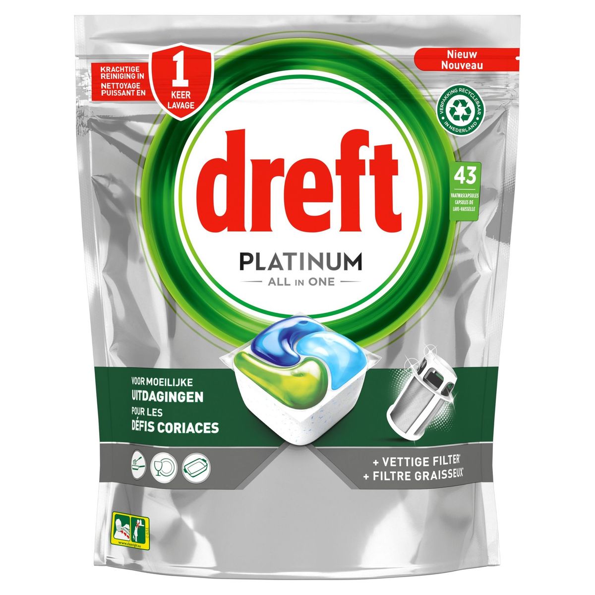 Dreft Platinum Tablettes Lave-vaisselle All In One, Regular, 43 Capsules