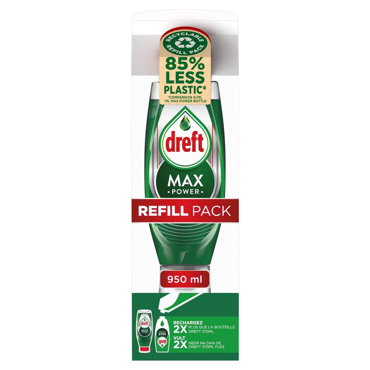 Dreft MaxPower Vloeibaar Afwasmiddel Navulling Karton 950 ML